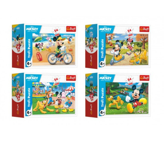 Minipuzzle 54 dílků Mickey Mouse Disney/ Den s přáteli 4 druhy v krabičce 9x6,5x4cm 40ks v boxu