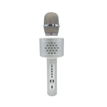 Mikrofon karaoke Bluetooth stříbrný na baterie s USB kabelem v krabici 10x28x8,5cm