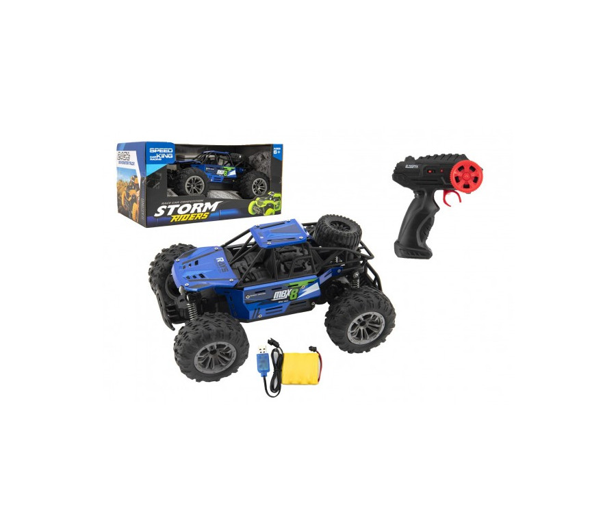 Auto RC buggy terénní modré 22cm plast 2,4GHz na baterie + dobíjecí pack v krabici 32x16x18cm