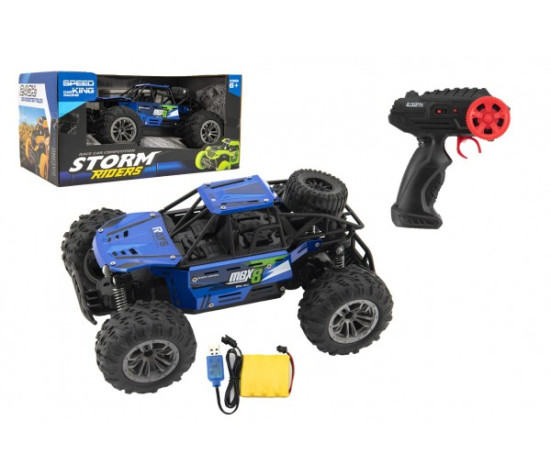 Auto RC buggy terénní modré 22cm plast 2,4GHz na baterie + dobíjecí pack v krabici 32x16x18cm