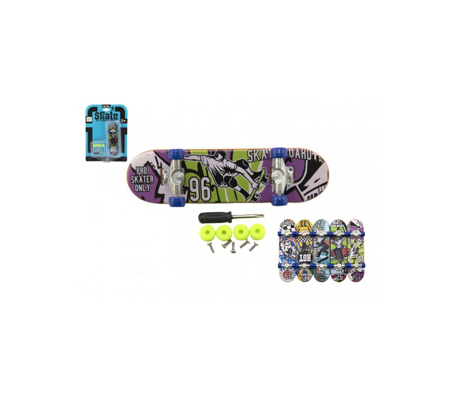 Skateboard prstový šroubovací plast 9cm s doplňky mix barev na kartě 12,5x17x3cm