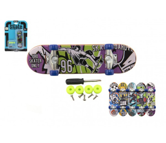 Skateboard prstový šroubovací plast 9cm s doplňky mix barev na kartě 12,5x17x3cm