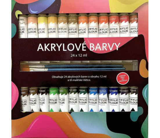 Akrylové barvy 24x12ml se štětcemi 3ks i na keramiku,sklo,kameny v krabičce 22x22x2cm