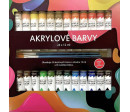 Akrylové barvy 24x12ml se štětcemi 3ks i na keramiku,sklo,kameny v krabičce 22x22x2cm