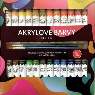 Akrylové barvy 24x12ml se štětcemi 3ks i na keramiku,sklo,kameny v krabičce 22x22x2cm