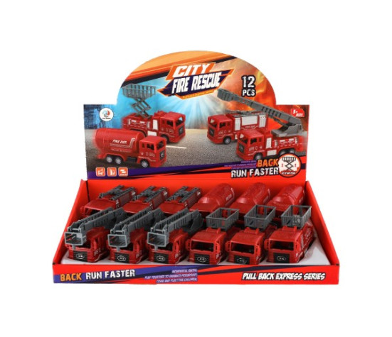 Auto hasiči plast 11cm na zpětné natažení 4 druhy 12ks v boxu