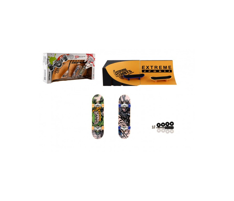 Skateboard prstový šroubovací 2ks plast 10cm s rampou s doplňky 2 barvy v krabičce 35x9x18cm