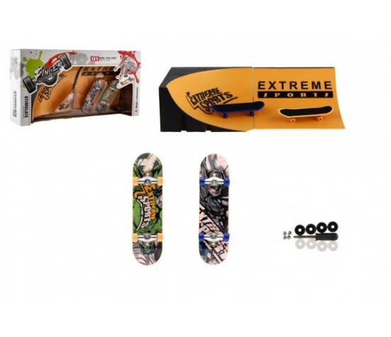 Skateboard prstový šroubovací 2ks plast 10cm s rampou s doplňky 2 barvy v krabičce 35x9x18cm