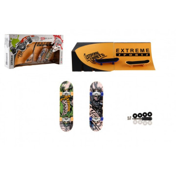 Skateboard prstový šroubovací 2ks plast 10cm s rampou s doplňky 2 barvy v krabičce 35x9x18cm