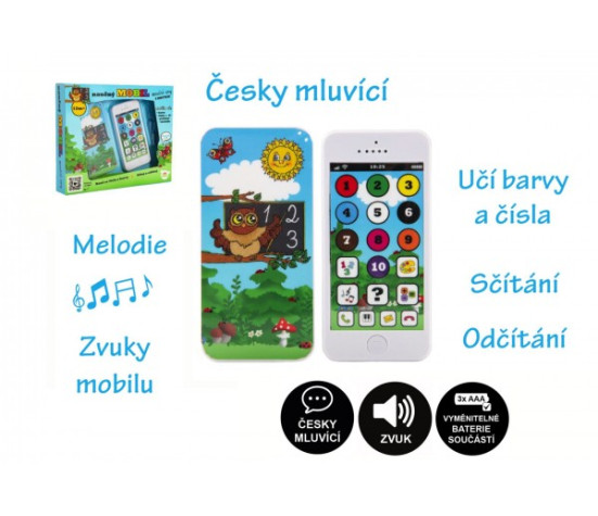 Naučný mobilní telefon moudré sovy s krytem plast na baterie se zvukem v krabici 22x18x3,5cm 12m+