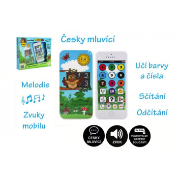 Naučný mobilní telefon moudré sovy s krytem plast na baterie se zvukem v krabici 22x18x3,5cm 12m+