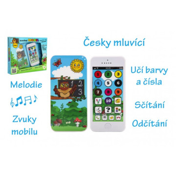 Naučný mobilní telefon moudré sovy s krytem plast na baterie se zvukem v krabici 22x18x3,5cm 12m+