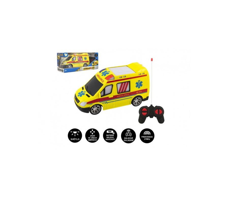 Auto RC ambulance plast 20cm na dálkové ovládání 27MHz na baterie se světlem v krabici 28x13x11cm