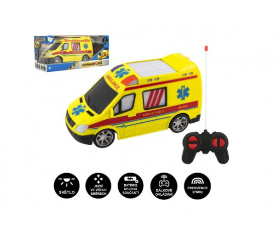 Auto RC ambulance plast 20cm na dálkové ovládání 27MHz na baterie se světlem v krabici 28x13x11cm