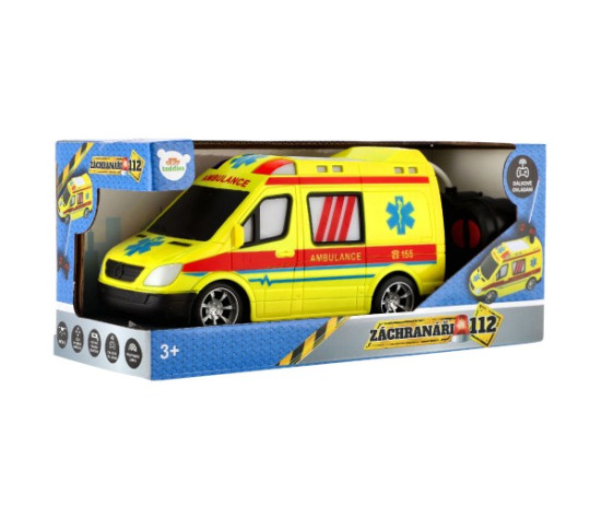 Auto RC ambulance plast 20cm na dálkové ovládání 27MHz na baterie se světlem v krabici 28x13x11cm