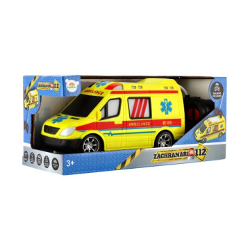 Auto RC ambulance plast 20cm na dálkové ovládání 27MHz na baterie se světlem v krabici 28x13x11cm