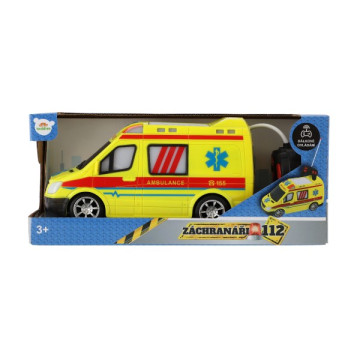 Auto RC ambulance plast 20cm na dálkové ovládání 27MHz na baterie se světlem v krabici 28x13x11cm