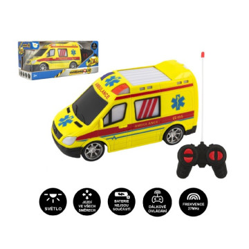 Auto RC ambulance plast 20cm na dálkové ovládání 27MHz na baterie se světlem v krabici 28x13x11cm