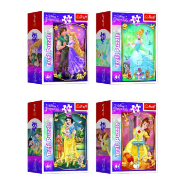 Minipuzzle Krásné princezny/Disney Princess 54dílků 4 druhy v krabičce 6x9x4cm 40ks v boxu