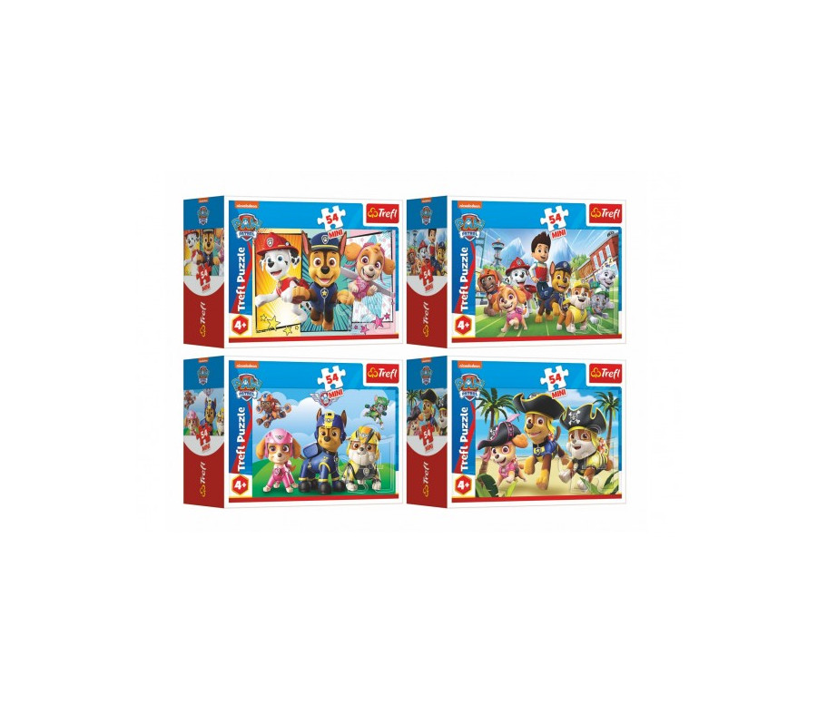 Minipuzzle 54 dílků Paw Patrol/Tlapková Patrola 4 druhy v krabičce 9x6x3cm 40ks v boxu