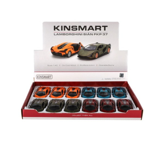 Auto Kinsmart Lamborghini Sián FKP 37 kov/plast 13cm 4 barvy na zpětné natažení 12ks v boxu