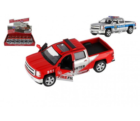 Auto Kinsmart Chevrolet 2014 Silverado Policie/Hasič kov/plast 13cm na zpětné nat. 2 barvy 12ks box