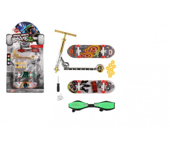 Sada skateboard šroubovací, koloběžka prstová, waveboard plast s doplňky mix druhů na kartě 16x30cm