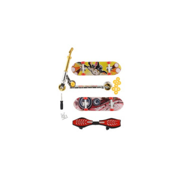 Sada skateboard šroubovací, koloběžka prstová, waveboard plast s doplňky mix druhů na kartě 16x30cm