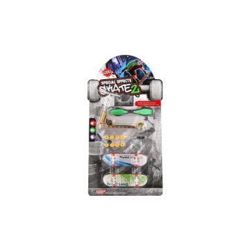 Sada skateboard šroubovací, koloběžka prstová, waveboard plast s doplňky mix druhů na kartě 16x30cm