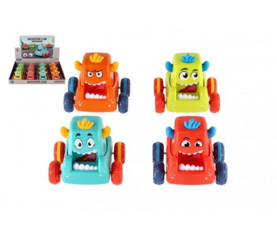 Auto monster plast 9x8cm mačkací jezdící 4 barvy 12ks v boxu