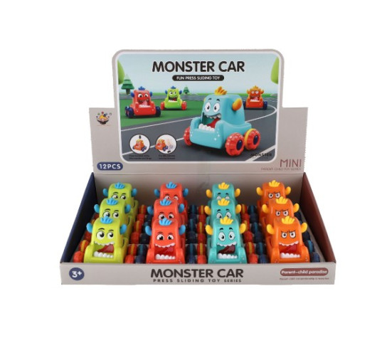 Auto monster plast 9x8cm mačkací jezdící 4 barvy 12ks v boxu