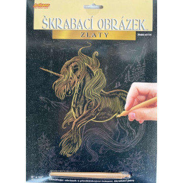 Škrabací obrázek zlatý Jednorožec A4 20,3x25,4cm 3 druhy na kartě