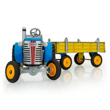 Traktor Zetor s valníkem modrý na klíček kov 1:25 v krabičce 32x13x11cm Kovap