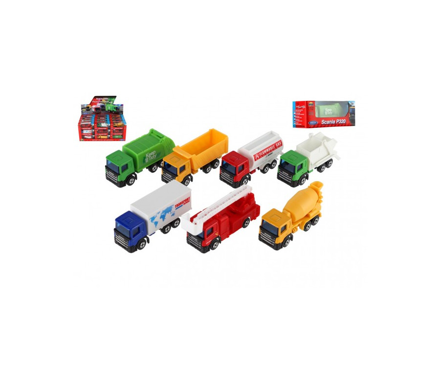 Auto nákladní Welly Scania kov/plast 7,5cm 6 druhů v krabičce 10,5x4x4cm 36ks v boxu