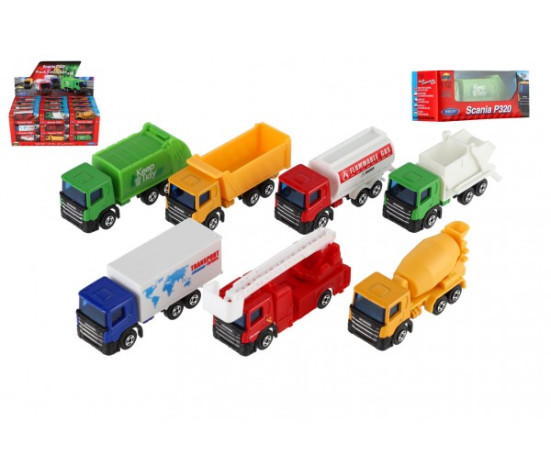 Auto nákladní Welly Scania kov/plast 7,5cm 6 druhů v krabičce 10,5x4x4cm 36ks v boxu