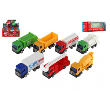 Auto nákladní Welly Scania kov/plast 7,5cm 6 druhů v krabičce 10,5x4x4cm 36ks v boxu