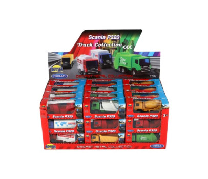 Auto nákladní Welly Scania kov/plast 7,5cm 6 druhů v krabičce 10,5x4x4cm 36ks v boxu