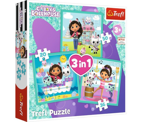 Puzzle 3v1 Gabbyiny aktivity/Gabby´s Dollhouse 20x19,5cm v krabici 28x28x6cm