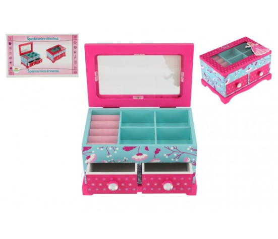 Skříňka šperkovnice Princess 2 zásuvky odklápěcí vrch dřevo 18x12,5x12cm v krabici