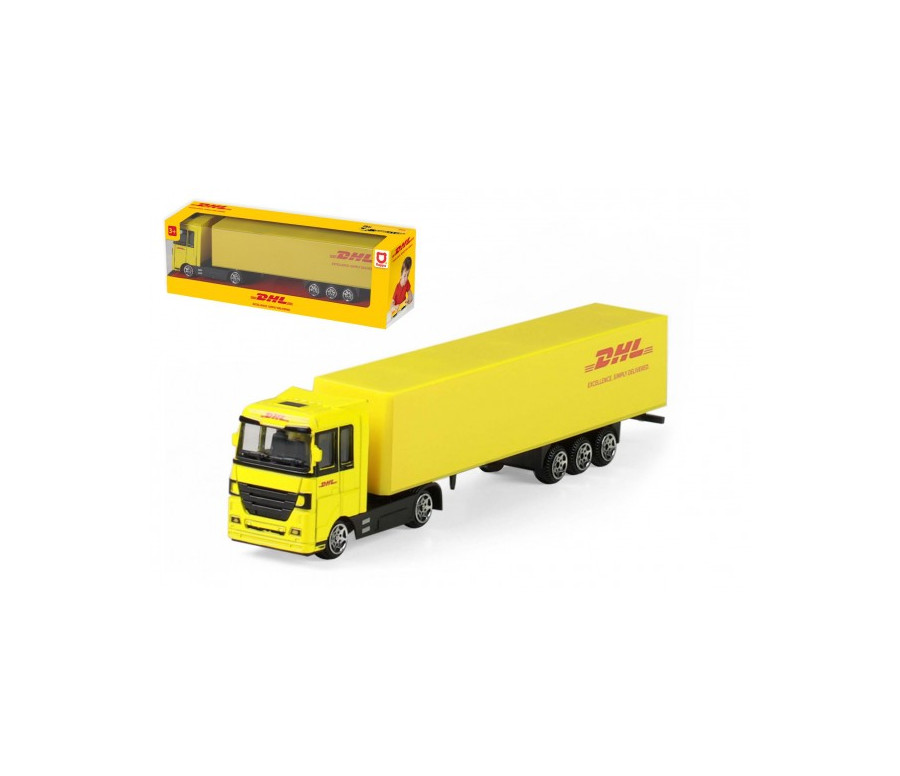 Auto kamion s návěsem DHL plast 19cm na volný chod v krabičce 20x6x4cm