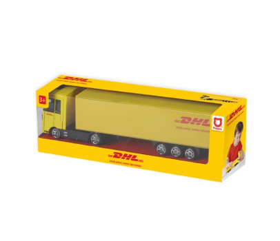 Auto kamion s návěsem DHL plast 19cm na volný chod v krabičce 20x6x4cm