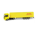 Auto kamion s návěsem DHL plast 19cm na volný chod v krabičce 20x6x4cm