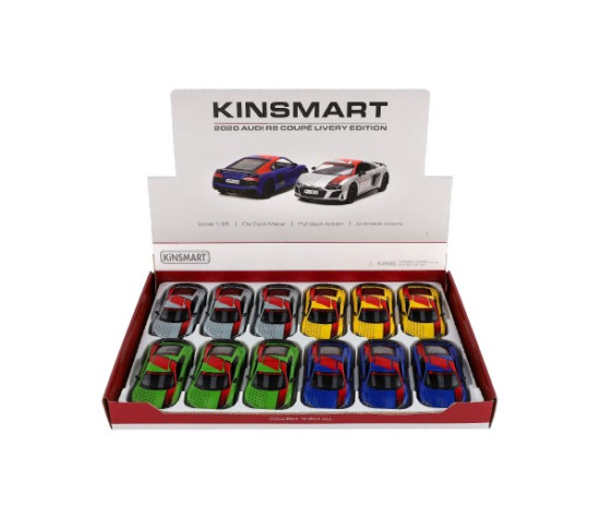 Auto Kinsmart 2020 Audi R8 Coupé 1:36 kov/plast 12,5cm 4 barvy na zpětné natažení 12ks v boxu