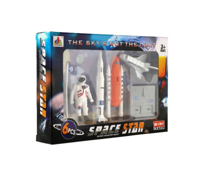 Sada vesmír 6ks kov/plast astronaut, raketoplán s doplňky v krabičce 25x17x4,5cm