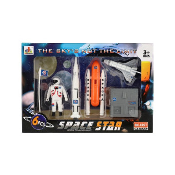 Sada vesmír 6ks kov/plast astronaut, raketoplán s doplňky v krabičce 25x17x4,5cm