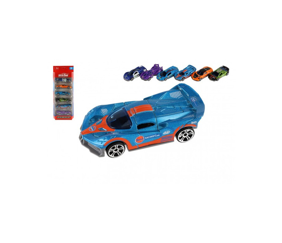 Auto sportovní 6ks kov/plast 8cm na volný chod v krabičce 10,5x27,5x4cm