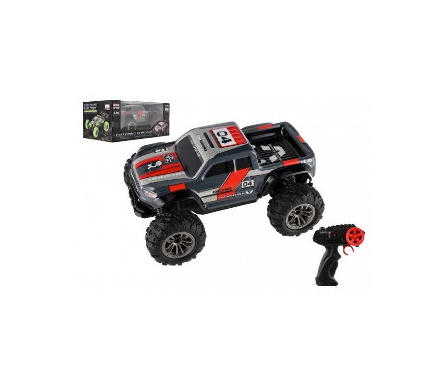 Auto RC pick up terénní plast 25cm 2,4GHZ na baterie šedo-červený v krabici 32x14x18cm