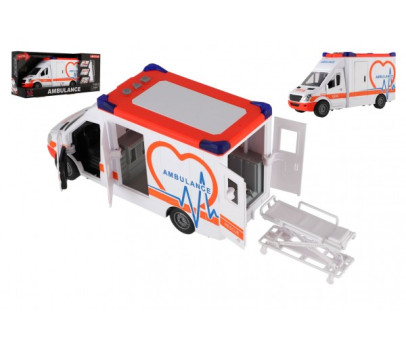 Auto ambulance plast 28cm s lehátkem na setrvačník se světlem se zvukem v krabici 39x18x12cm