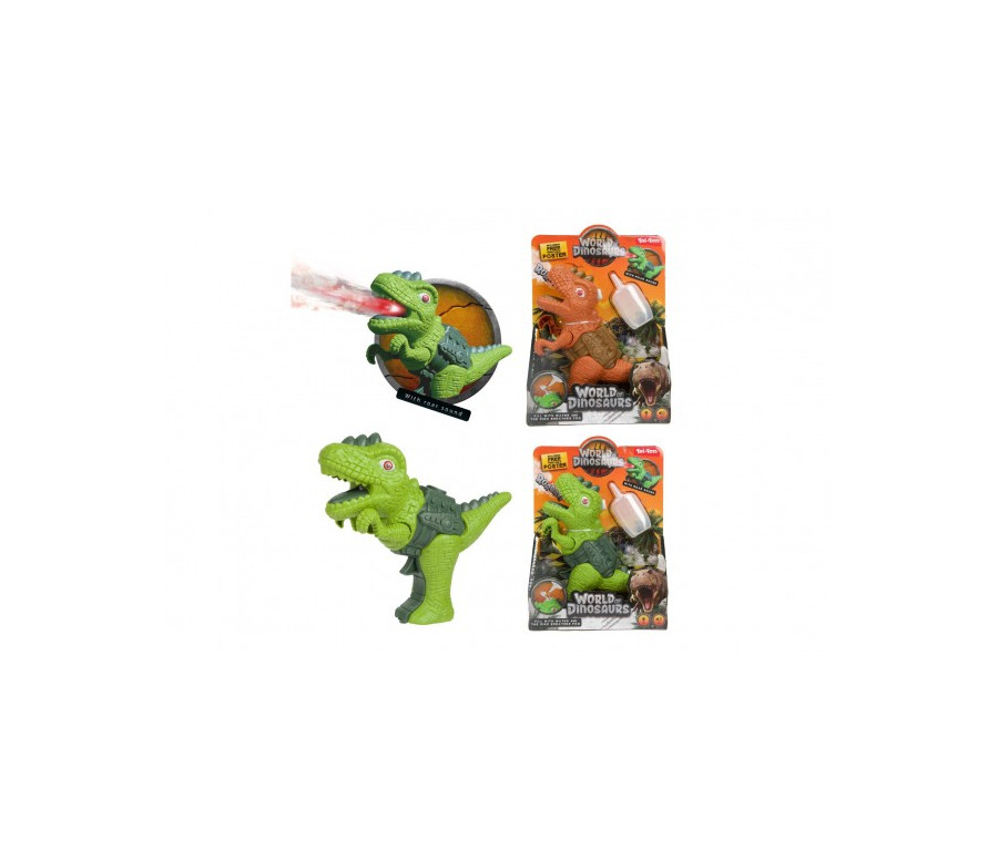 Dinosaurus pistole plast 13x16cm vypouštějící páru na baterie se světlem, zvukem 2 barvy v krabičce