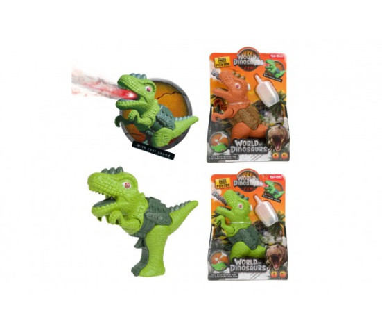 Dinosaurus pistole plast 13x16cm vypouštějící páru na baterie se světlem, zvukem 2 barvy v krabičce